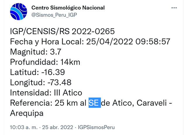 Datos del sismo en Arequipa. Foto: captura de Twitter @igp_peru