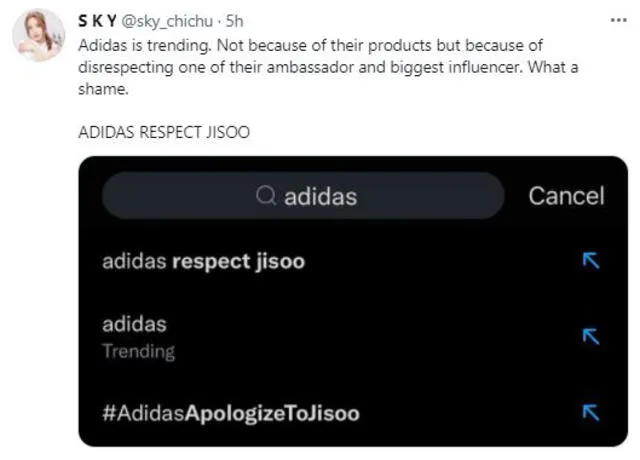 Tendencias sobre Jisoo y Adidas. Foto: Twitter