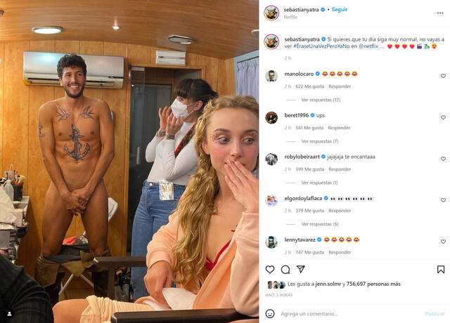 Publicación de Sebastián Yatra en Instagram en la que aparece desnudo en el set de "Érase una vez... pero ya no". Foto: Instagram