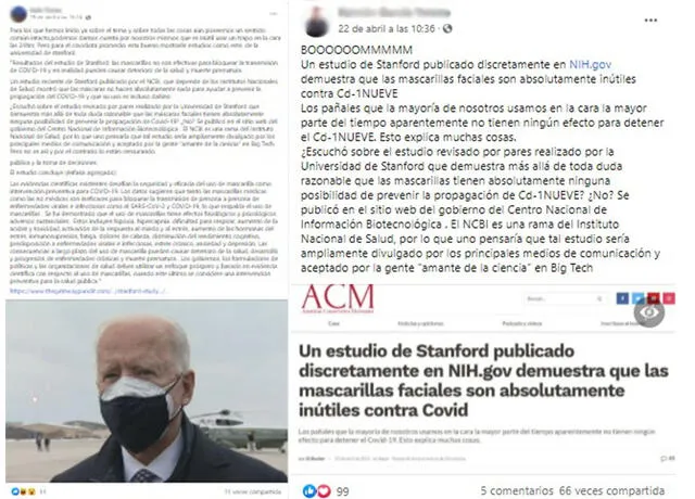 Según varios post, la Universidad Stanford concluyó en un estudio que las mascarillas no bloquean el coronavirus. Foto: capturas en Facebook.