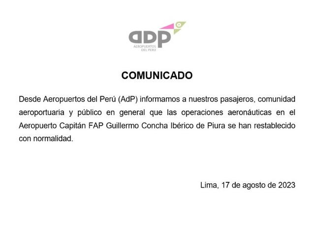  Comunicado de Aeropuertos del Perú. Foto: ADP<br><br>  