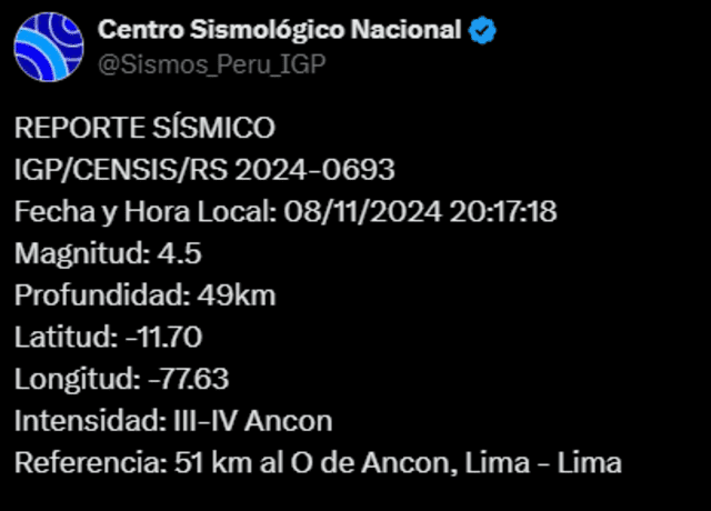 IGP informó sobre el sismo de hoy en Lima. Foto: IGP   