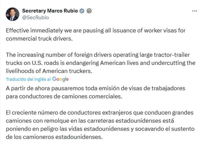 Así fue el anuncio que el Secretario de Estado, Marco Rubio, usó para anunciar la nueva medida. Foto: Twitter. Así fue el anuncio que el Secretario de Estado, Marco Rubio, usó para anunciar la nueva medida. Foto: Twitter.