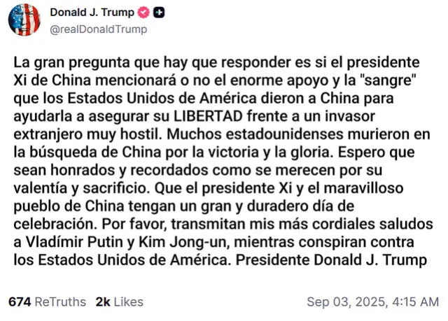  Publicación de Donald Trump en Truth Social.   