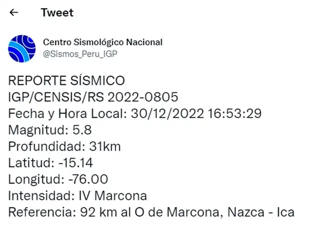 Temblor de magnitud 5.8 se sintió en Ica. Foto: IGP Temblor de magnitud 5.8 se sintió en Ica. Foto: IGP