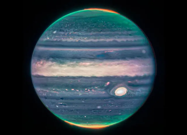 Vista de Júpiter obtenida a partir de un compuesto de varias imágenes captadas por el James Webb. Foto: NASA