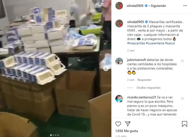 Olinda Castañeda promocionando en Instagram venta de mascarillas.