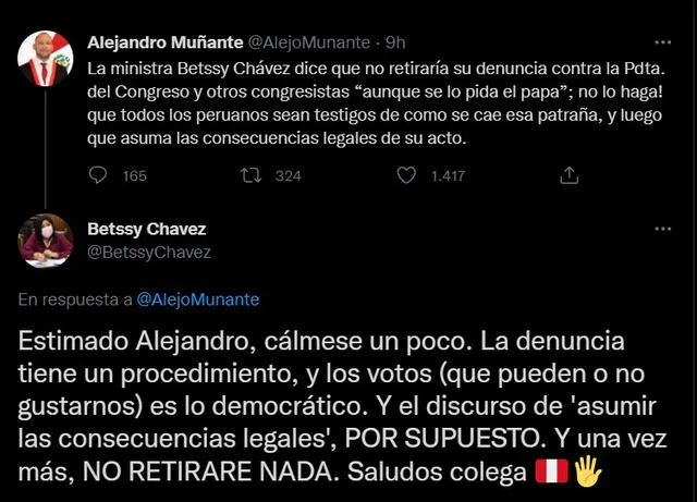 Alejandro Muñante se pronuncia sobre decisión de Betssy Chávez de no retirar su denuncia constitucional contra María del Carmen Alva. Foto: captura de Twitter