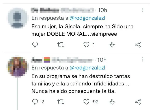 7.10.2022 | Usuarios cuestionan la doble moral de Gisela Valcárcel. Foto: captura Gisela Valcárcel/Twitter