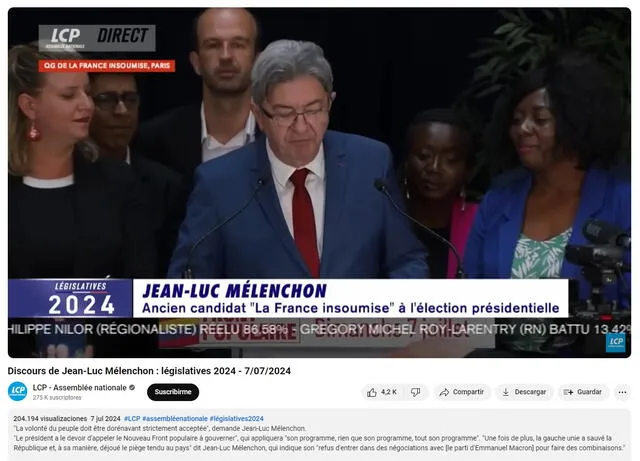 <em> Pronunciamiento de Jean-Luc Mélenchon tras la victoria de su bloque en la segunda vuelta de los comicios parlamentarios. Foto: captura de YouTube</em>   