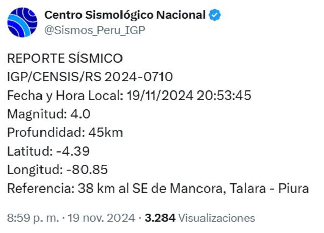 Sismo ocurrió a las 8.53 p. m., según el Instituto Geofísico del Perú. Foto: IGP/X   