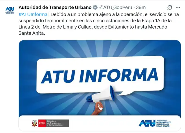 Suspenden temporalmente Línea 2 del Metro de Lima y Callao. Suspenden temporalmente Línea 2 del Metro de Lima y Callao.