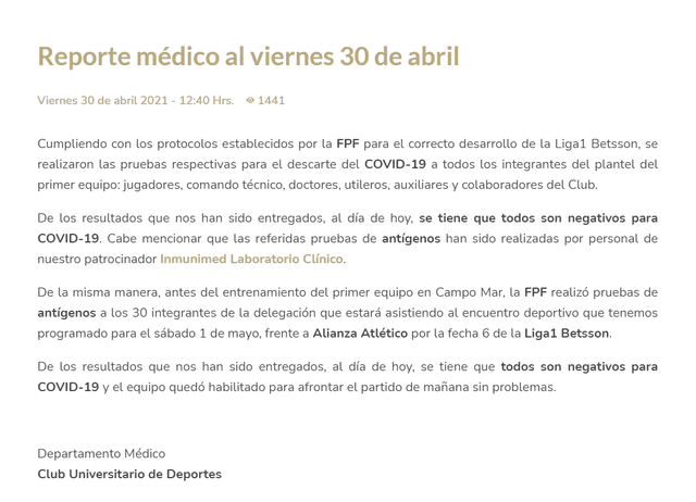 Comunicado emitido por el Departamento médico de Universitario. Foto: web Universitario