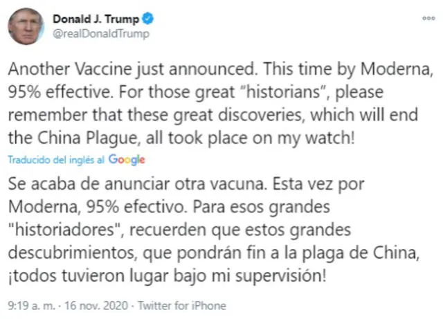 El tuit de Trump sobre el anuncio de Moderna y su potencial vacuna contra el coronavirus SARS-CoV-2. Foto: captura de Twitter