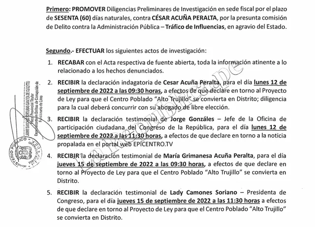 Documento del Ministerio Público donde se dispone tomar la declaración de César Acuña. Foto: @whuacasi / La República