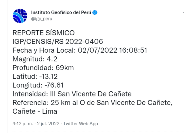 Sismo en Cañete sábado 2 de julio