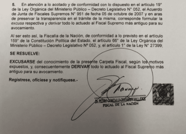 Excusa de Pedro Chávarry presentada el 1 de agosto del 2018.