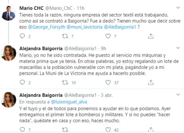 Respuesta de Alejandra Baigorria a críticas por fabricación de mascarillas.