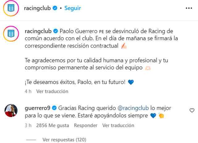 Publicación de Racing sobre la salida de Paolo Guerrero. Foto: captura Instagram   