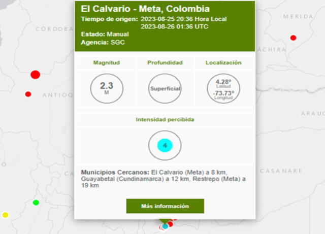 Último temblor registrado en Colombia. Foto: SGC   