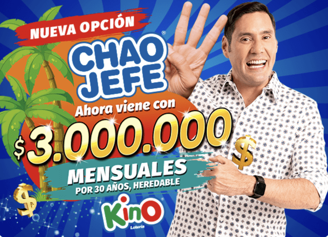 Chao Jefe entrega 3.000.000 millones de pesos HOY, 15 de septiembre. Foto: Lotería de Santa Fe/ Kino Chao Jefe entrega 3.000.000 millones de pesos HOY, 15 de septiembre. Foto: Lotería de Santa Fe/ Kino