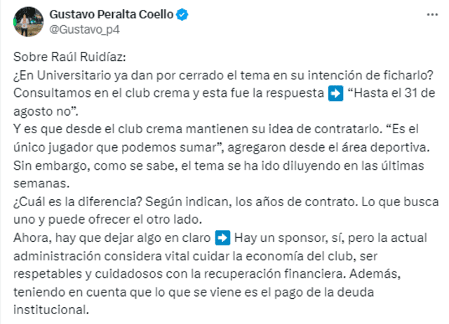  Postura de Universitario de Deportes sobre la contratación del delantero Raúl Ruidíaz. Foto: captura de Twitter/Gustavo Peralta   