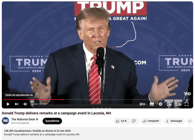  Discurso de Donald Trump publicado el 22 de enero de 2024. Foto: captura en YouTube / The National Desk.    