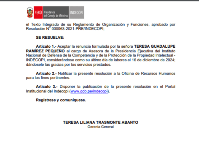  Resolución deI Indecopi que anuncia la renuncia formulada por Teresa Ramírez Pequeño | Fuente: La contra    