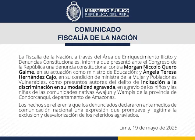 Comunicado del Ministerio Público donde se anuncia la denuncia constitucional contra Quero y Hernández. Comunicado del Ministerio Público donde se anuncia la denuncia constitucional contra Quero y Hernández.