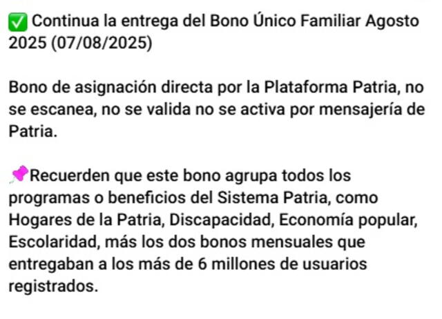 Anuncio sobre los bonos especiales en el Bono Único Familiar. Foto: Canal Patria Digital   