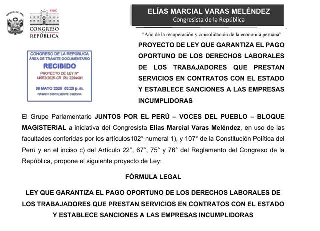 Proyecto de ley propone sanciones progresivas para empresas que incumplan pagos laborales en contratos con el Estado.