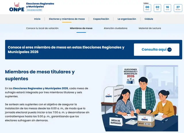 Cada mesa de votación contará con tres miembros titulares y seis suplentes, quienes pueden verificar su designación a través de la plataforma de la ONPE con su DNI.