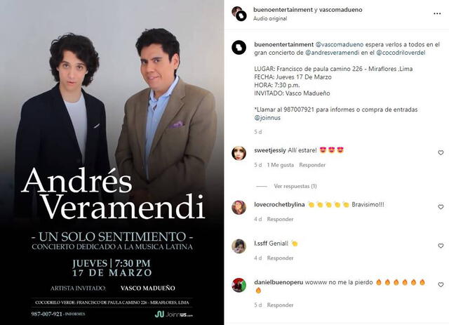 Vasco Madueño se une a Andrés Veramendi para esperado concierto. Foto: Vasco Madueño/ Instagram