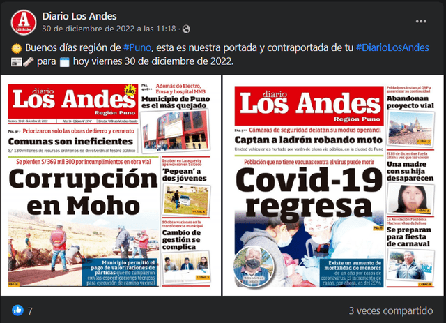 Publicación de portada y contraportada de Los Andes el último 30 de diciembre