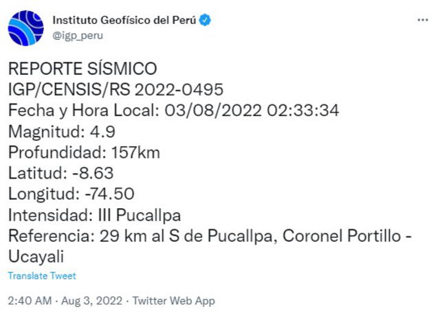 Datos del sismo en Ucayali. Foto: captura de Twitter @igp_peru