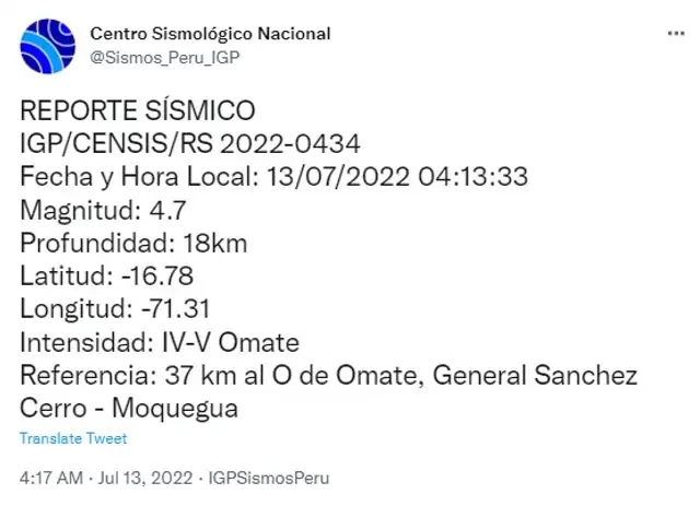 Datos del sismo en Moquegua. Foto: captura de Twitter @igp_peru