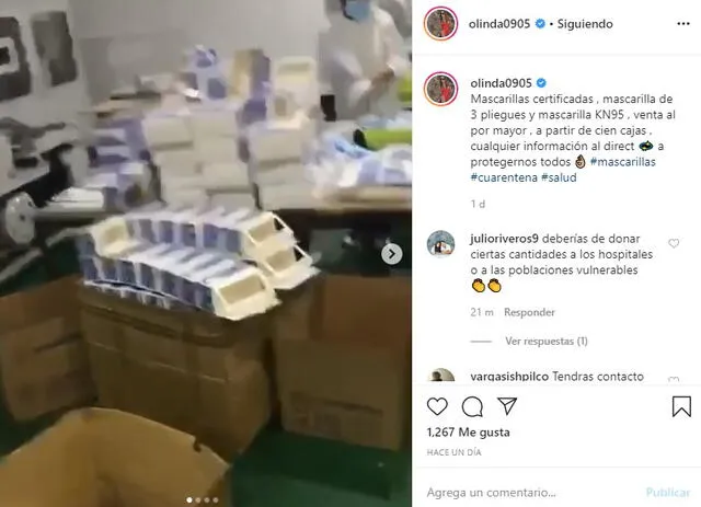 Olinda Castañeda promocionando venta de mascarillas en Instagram.