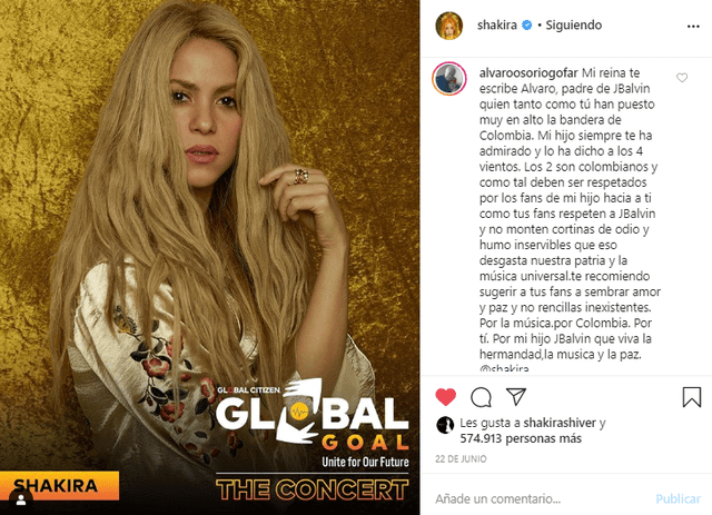 Shakira no ha respondido a ningún mensaje del papá de J Balvin. Foto: Captura Instagram.