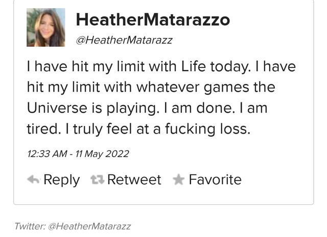 11.5.2022 | Tuit de Heather Matarazzo expresando su frustración por su carrera actoral en Hollywood. Foto: captura Twitter