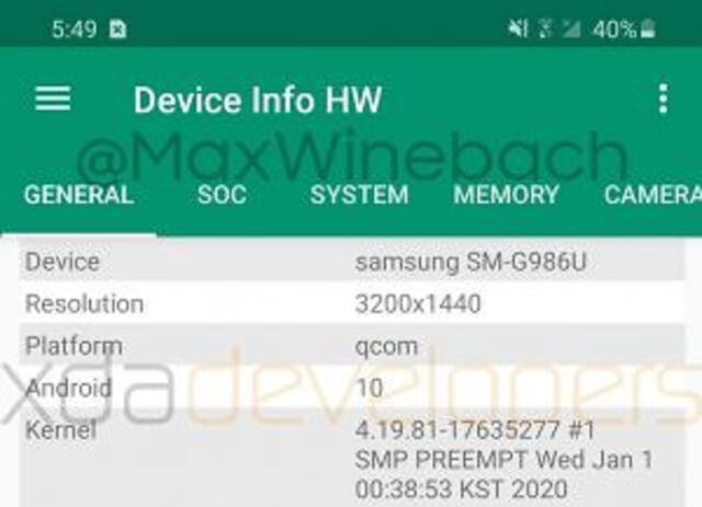 La pantalla del Samsung Galaxy S20+ contará con resolución de 3200 x 1400 píxeles. | Fuente: XDA Developers.