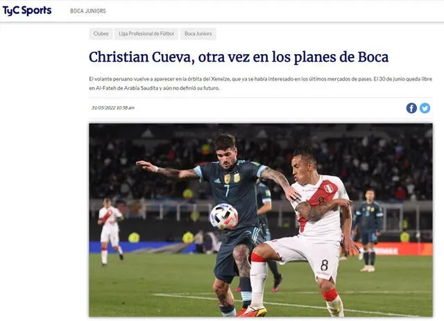 TyC Sports y su publicación sobre Christian Cueva. Foto: captura