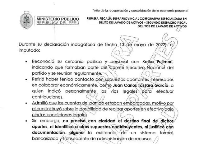 Documento fiscal con las declaraciones de Galarreta Documento fiscal con las declaraciones de Galarreta