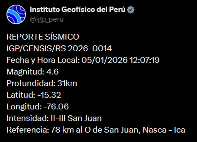 Sismo en Ica se sintió hoy 5 de enero, según IGP. Foto: X   