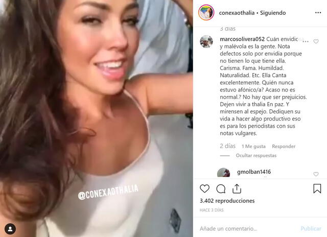Defensa de fans de Thalía en Instagram