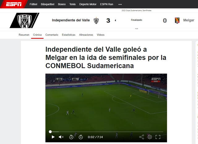 Reacción de la prensa internacional a la derrota de Melgar. Foto: Captura web ESPN