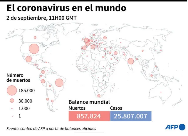 Número de casos cotidianos del nuevo coronavirus anunciados por región del mundo el 2 de septiembre a las 11H00 GMT. Infografía: AFP