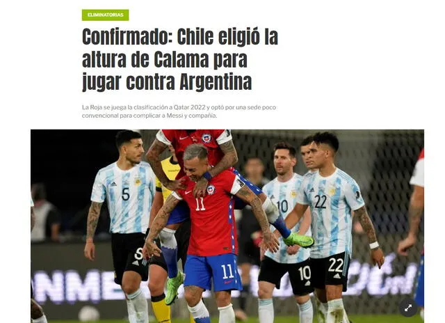 El diario Olé informando sobre la localía del Chile vs. Argentina por las Eliminatorias Qatar 2022. Foto: captura web