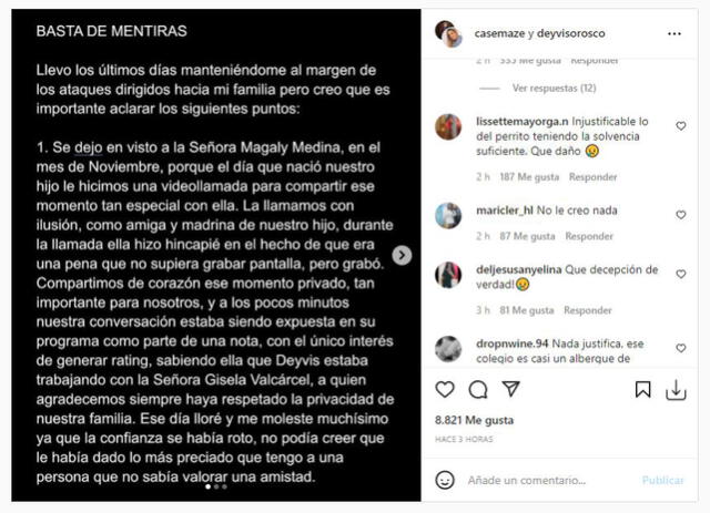 Cassandra emite comunicado por comentarios de Magaly Medina. Foto: captura/Instagram