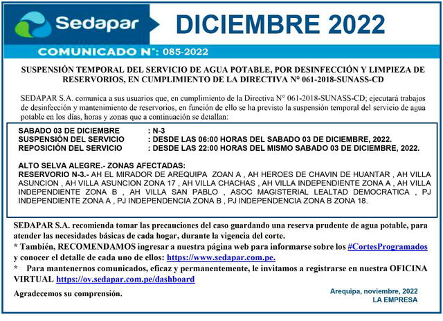 Sedapar anunció suspensión de servicio. Foto: difusión