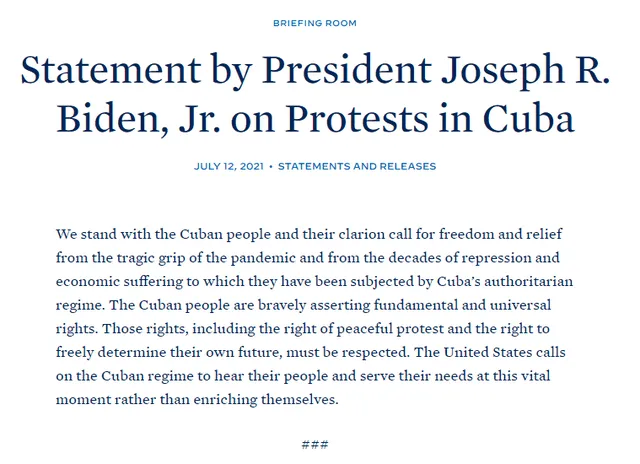 Comunicado de Joe Biden sobre las protestas en Cuba. Foto: Captura/Casa Blanca